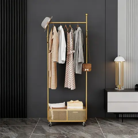 360° Rotatable Multifunctional Gold Coat Rack with Storage Basket - Interior Decorative Small-Space Hero, Clothes Hang+Store Combo, Hats/Bags Hooks, Small Items Organizer for Bedroom Entry, Modern Minimal Indoor Furniture