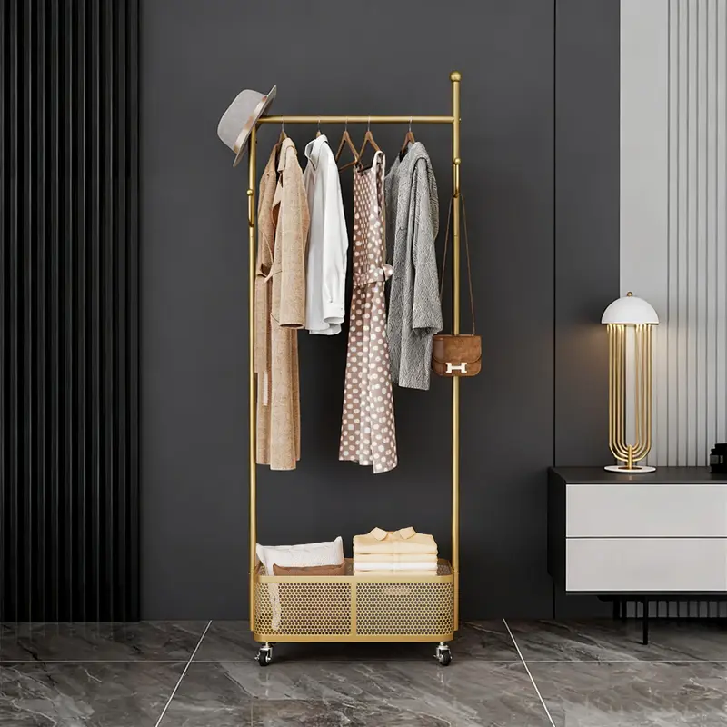 360° Rotatable Multifunctional Gold Coat Rack with Storage Basket - Interior Decorative Small-Space Hero, Clothes Hang+Store Combo, Hats/Bags Hooks, Small Items Organizer for Bedroom Entry, Modern Minimal Indoor Furniture