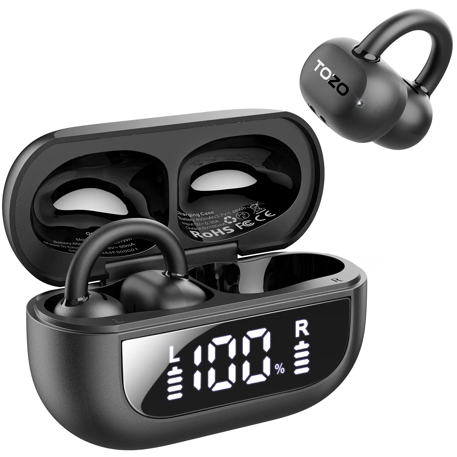 TOZO OpenEarRing True Open Ear Headphones - Silicone Clip-On, Lightweight Bluetooth Sports Headset, Waterproof, Noise-Cancelling, Button-Controlled, Built-In Bluetooth Wireless Audio Electronics with Charging Case, Waterproof Headphones