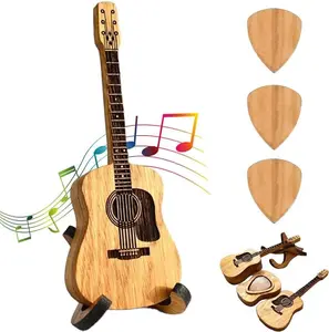 Wooden Guitar Pick Box with Stand - 3PCS Unique Guitar Picks,Mini Storage Box for Guitarists,Musician Engraved Wooden Plectrum Case,Acoustic Guitar Box for Electric Bass Guitar Ukulele Lover