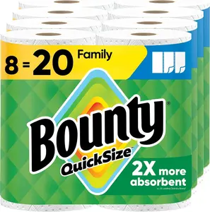 Bounty Quick-Size Paper Towels White – Bulk 8 Family Rolls = 20 Regular | Strong & Absorbent Home Essential
