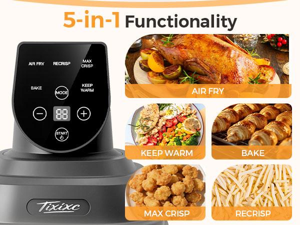 1500W 5-in-1 Glass Air Fryer Non-Toxic - 4Qt Pot+6Cup Container with Lid & Dust Cover, Portable Smart Kitchen Appliance Silicone Pad Included