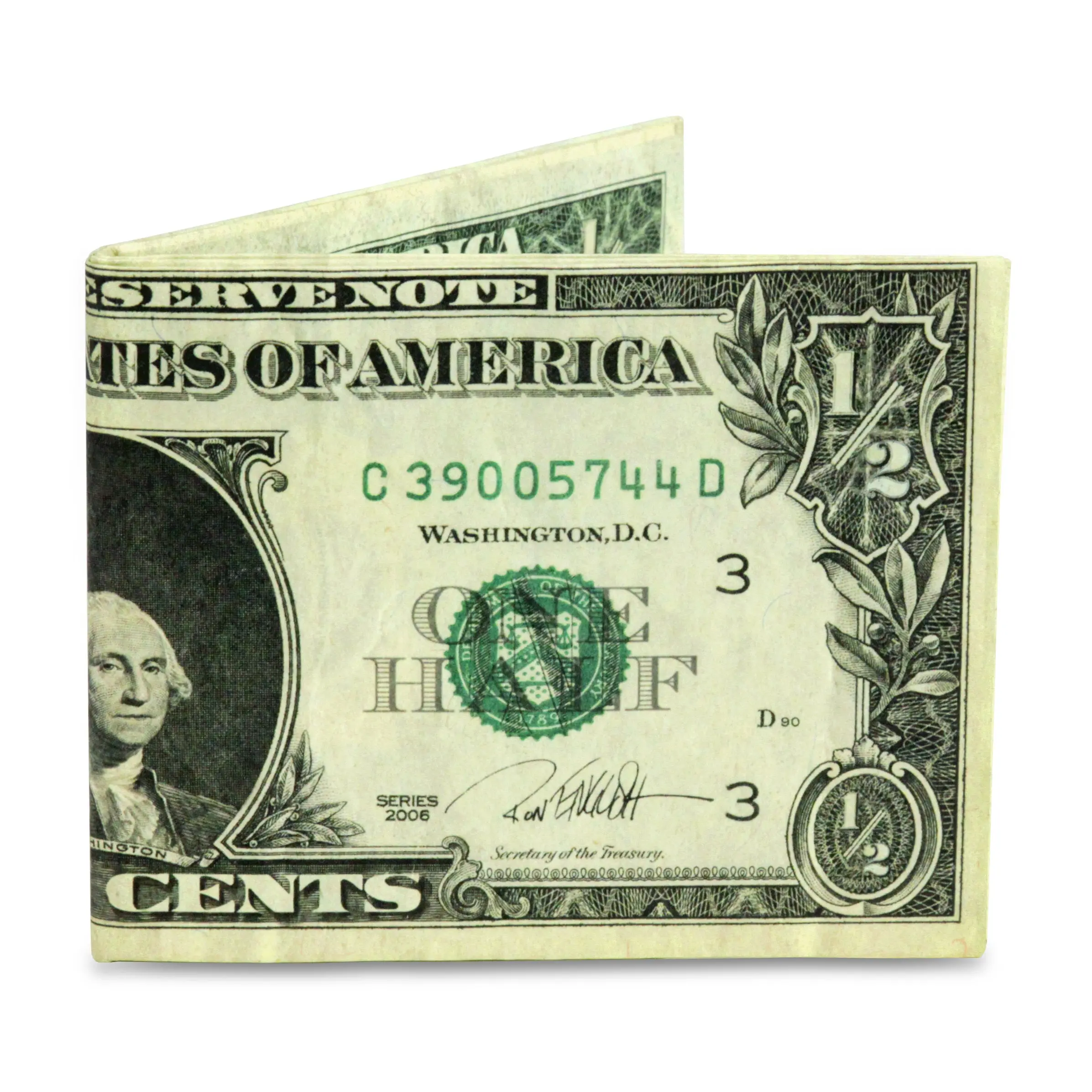 Mighty Wallet Half Dollar with Serial Number C39005744D, Featuring Benjamin Franklin Design and 1/2 Dollar Value