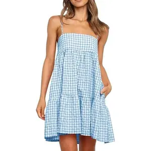 Wenrine Women's Summer Plaid Mini Dress Casual Spaghetti Strap Sleeveless A Line Beach Sundress with Pockets
