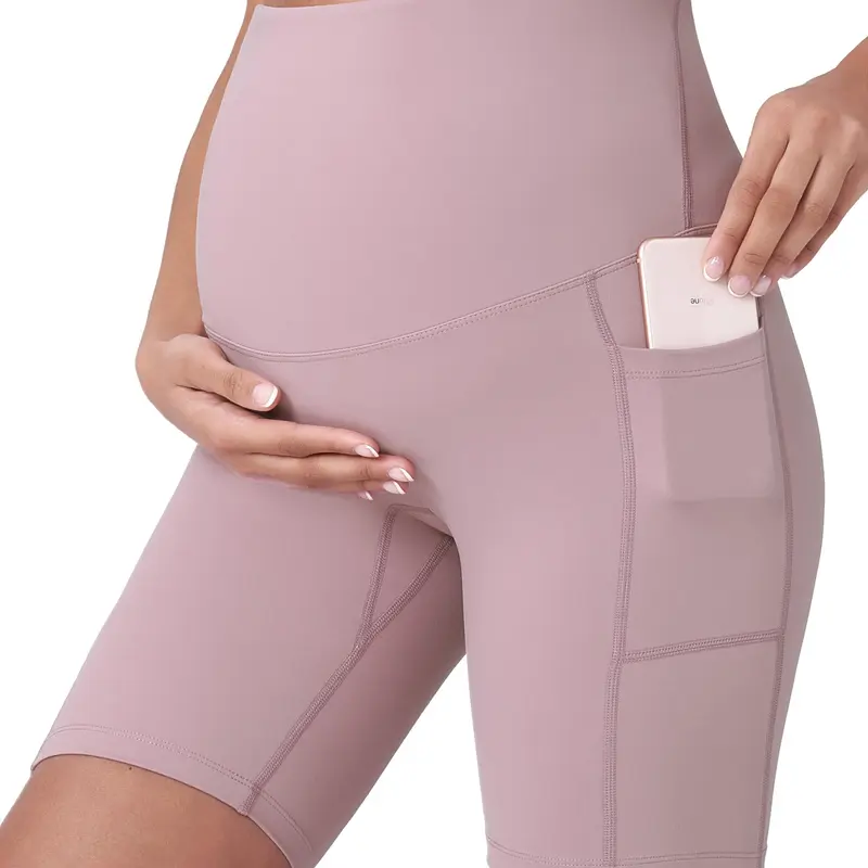 POSHDIVAH Women's High Waisted Maternity Biker Shorts - 8" Inseam, Pockets, Stretchy, Above the Knee, Bump-Stretch Fit - Pregnancy Activewear for Summer, Active Use