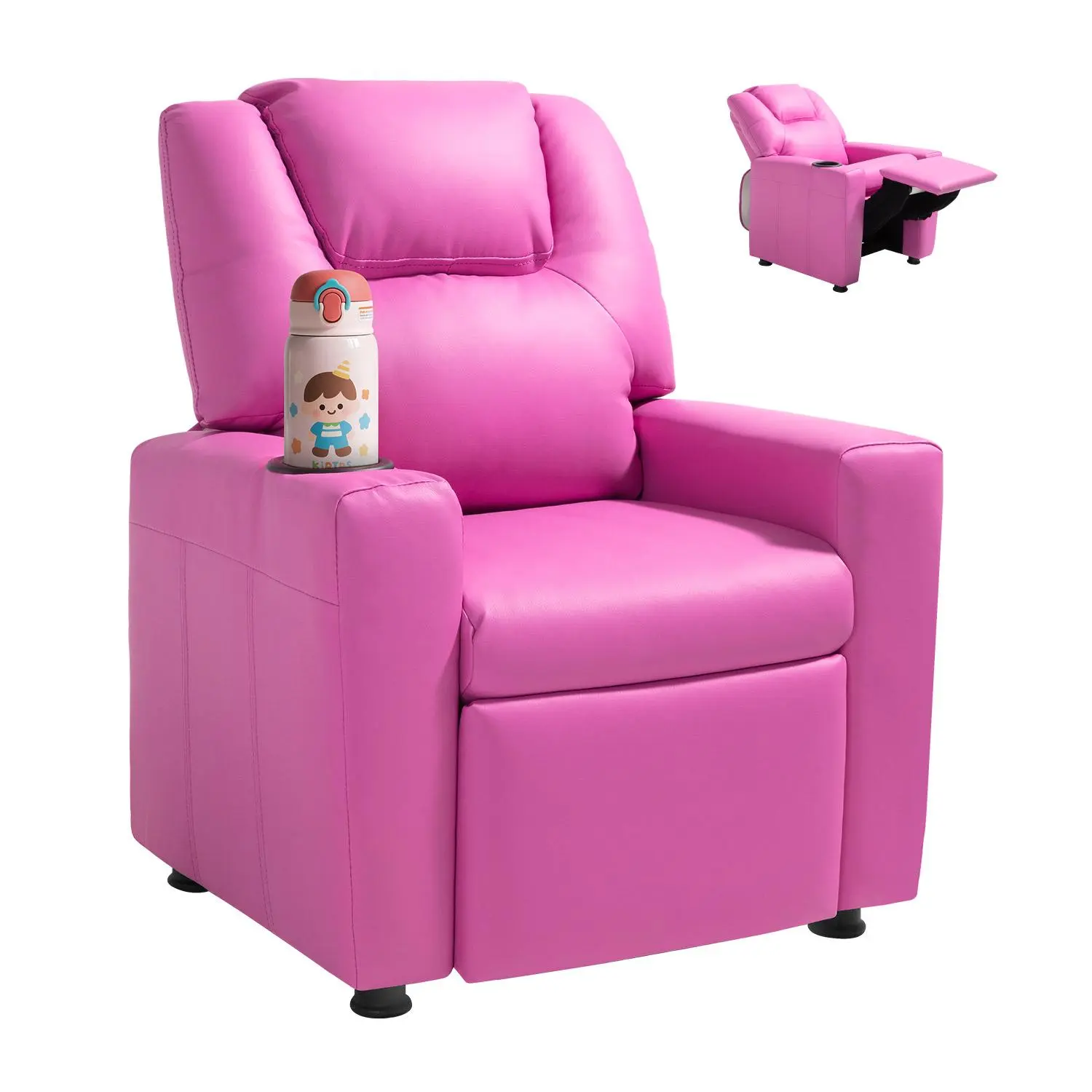 【SummerFinds】VEVOR Kids Reclining Chair,  , Toddler Recliner with Cup Holder, 101° to 121° Adjustable Backrest, Easy-to-Clean PU Leather Recliner Couch with Footrest, 90 lbs Load, for Boys & Girls, Children (Pink)