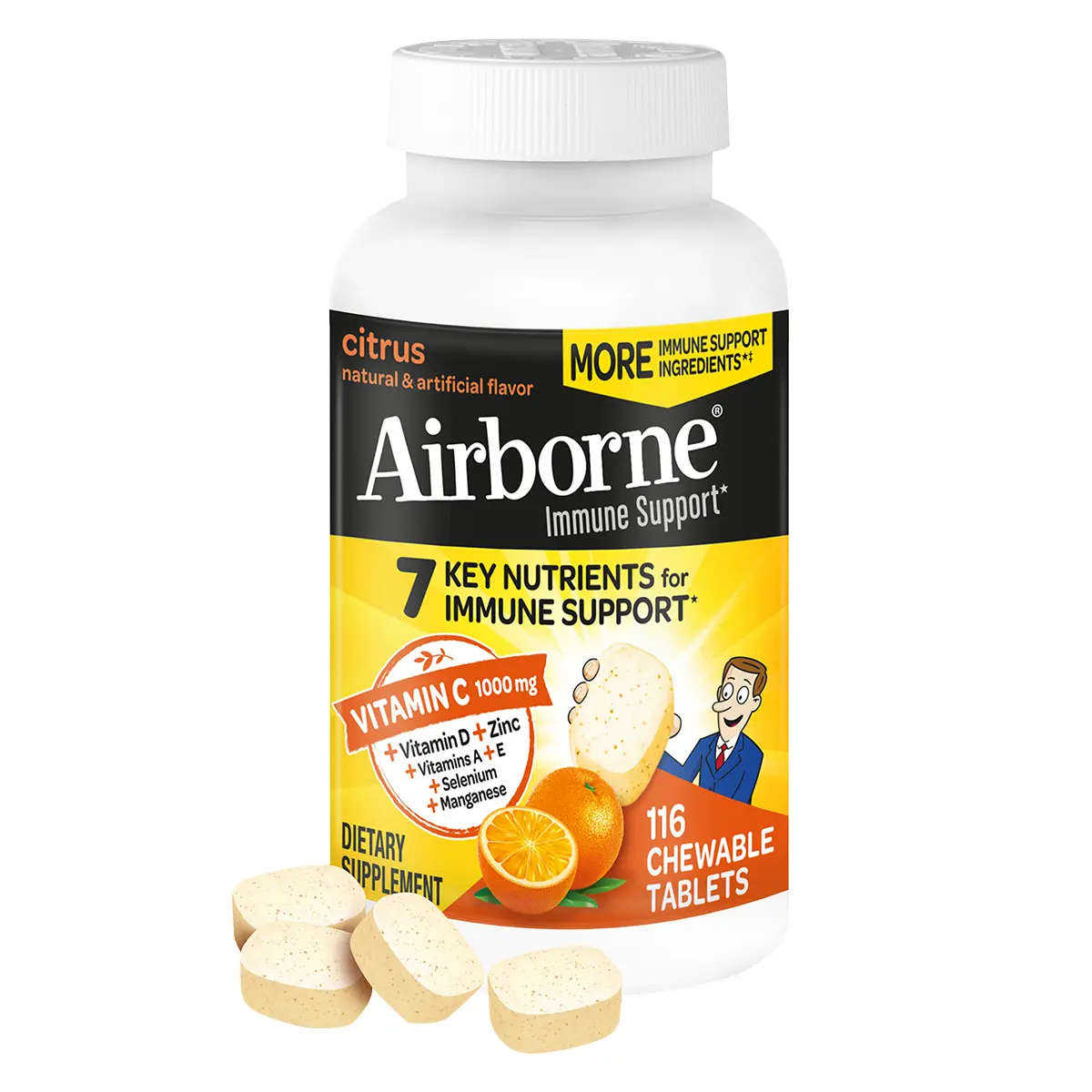 Airborne 1000mg Vitamin C Chewable Tablets with Zinc - Citrus Flavor, 116-Count Bottle, Immune System Support Supplement with Antioxidants Vitamins A & E, Gluten-Free, Healthcare