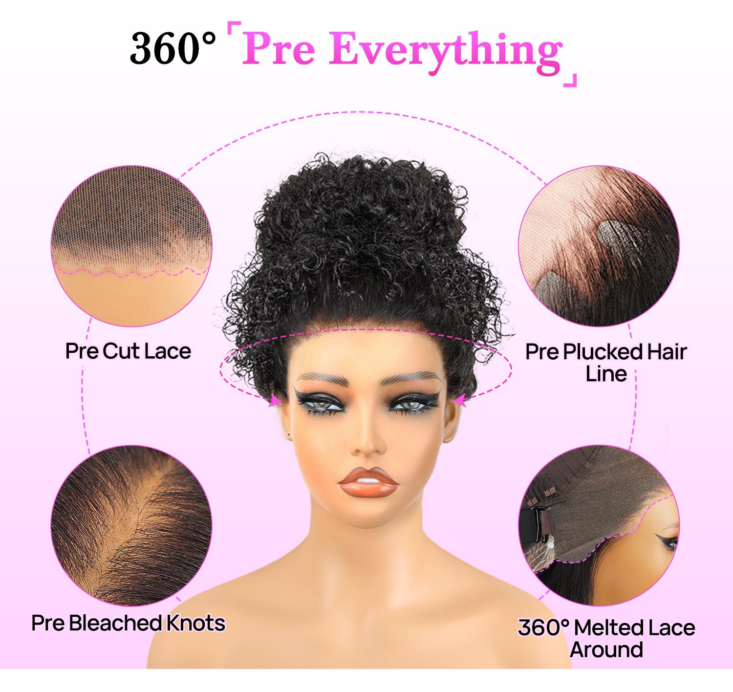 Vshow Hair Kinky Curly 360 Glueless Wear Go Wigs Invisible Drawstring Pre-cut Lace 360 Full Lace frontal Glueless Human Hair Wigs For Women