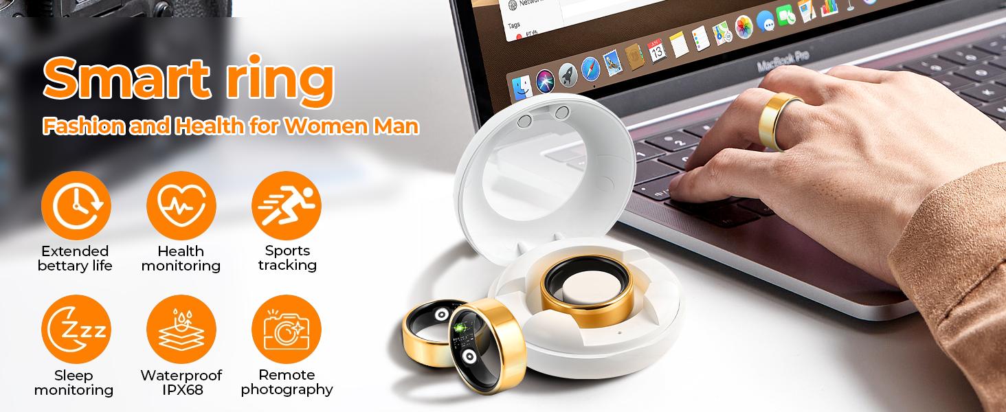 Smart Ring for Women & Man, Health Fitness Tracker,IP68 Waterproof Sleep Monitoring with Charging Case and Ring Protector,Remote Photography,Body Detection Finger Ring,No Subscription Fee for iPhone&Android(Gold and Silver) Wearable Devices Wristwatch Gps