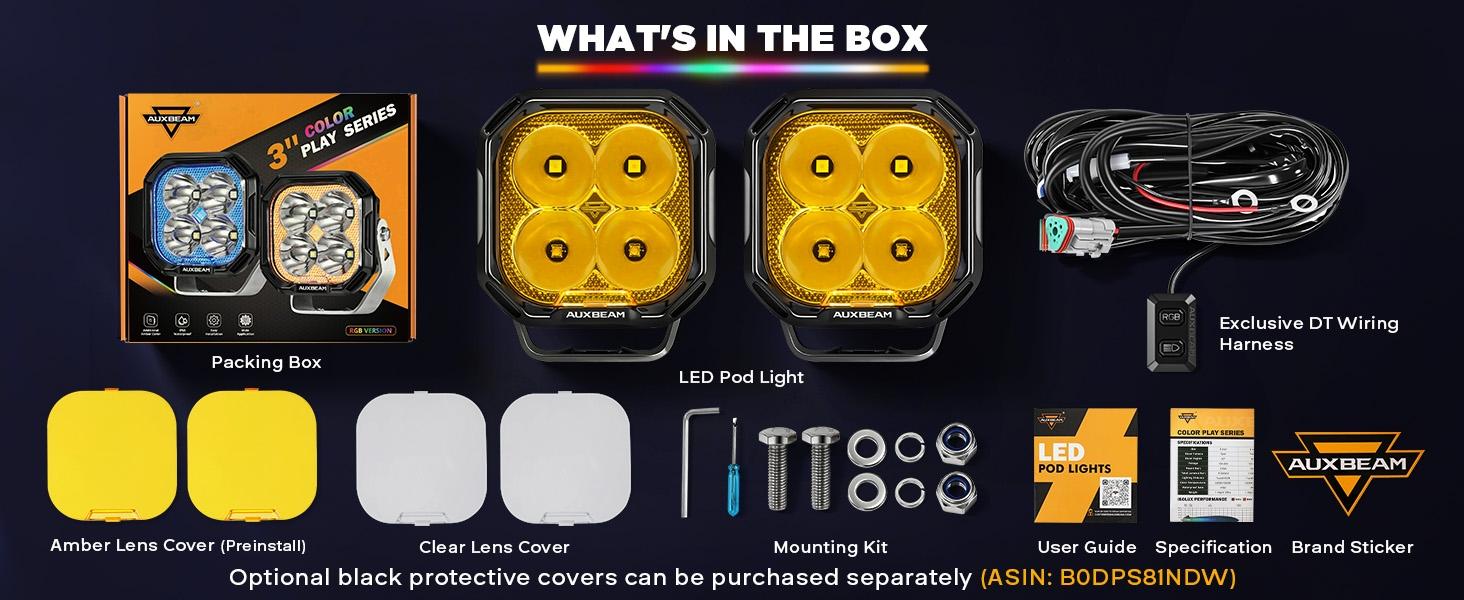 Auxbeam Color Play Seies 3 Inch RGB LED Pod Lights, 7 Dynamic Gradient Cycle Backlight, 116W Spot Flood Combo, RGBW Color Changing Off Road Driving Light for Jeep Truck ATV, with White Amber Covers