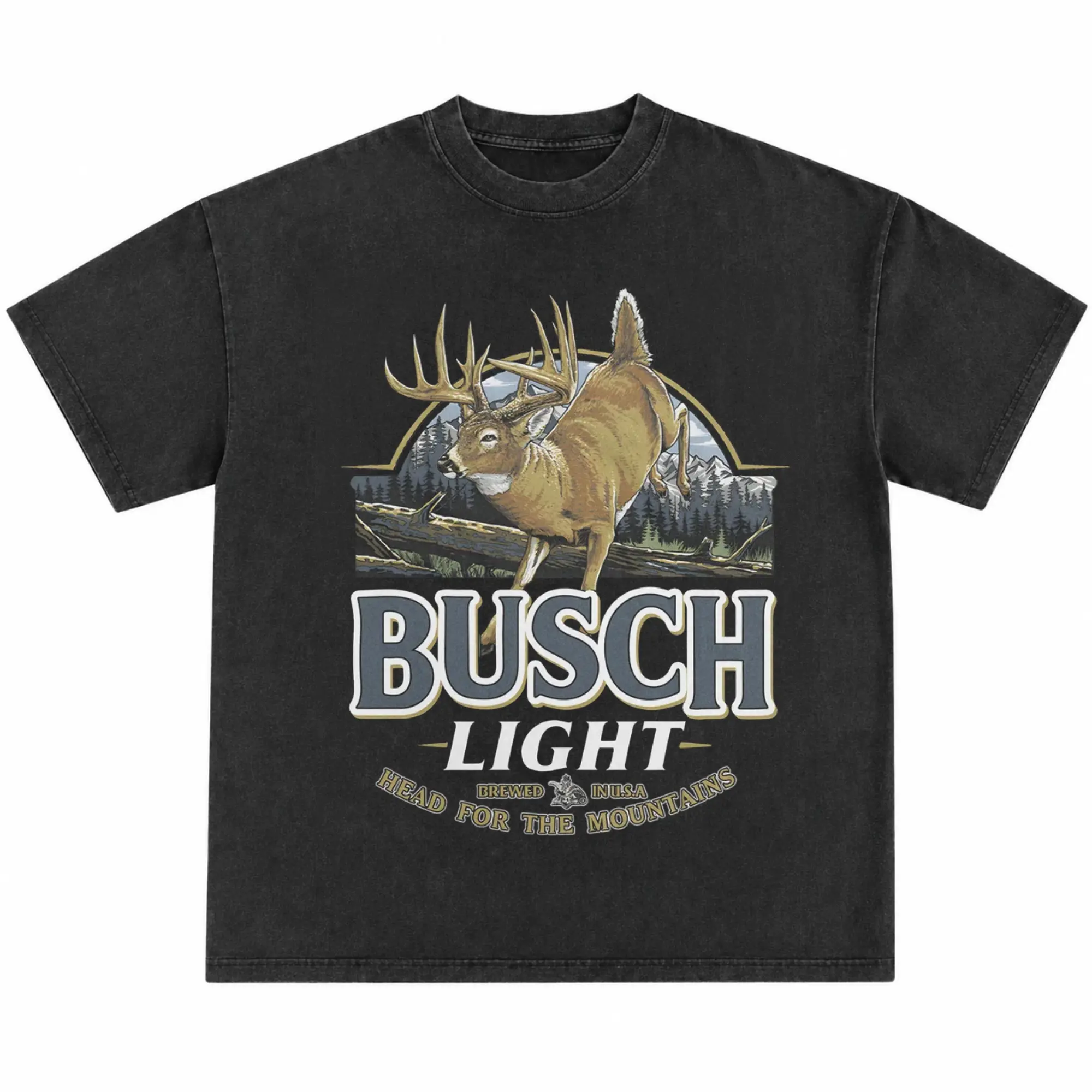 Product Name: Busch Light Deer T-Shirt, Vintage Washed Black Hunting Graphic Tee, Mountain Buck Wildlife Shirt for Outdoor Lovers & Country Style Fans - Menswear & Underwear - Men's Tops - T-shirts - Men's Short-sleeve T-shirts