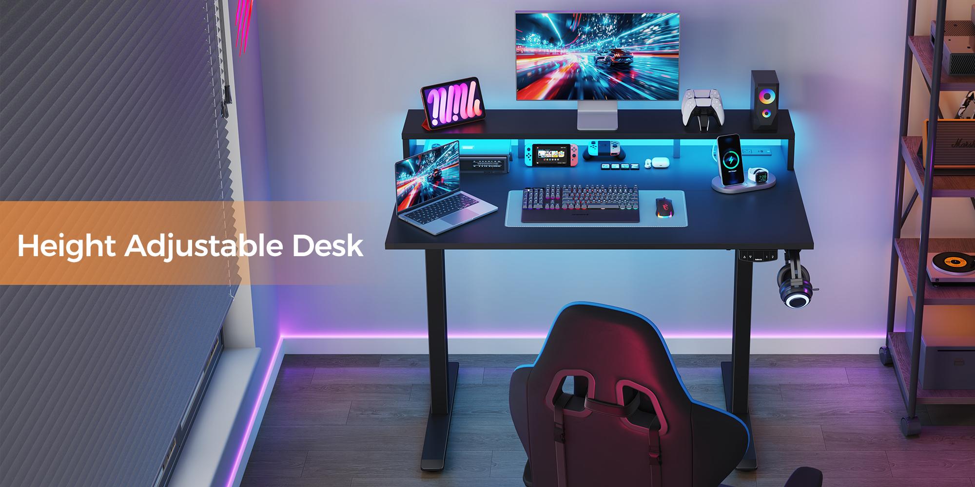 Agilestic 47.2 inch Electric Standing Desk with Power Outlet and LED Light Strip, Height Adjustable Sit-Stand Desk with Storage Shelf & Hooks, Home Office Computer Desk with Memory Buttons,Gaming Desks Gifts for Men and Women,White/Black/Rustic Brown