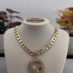 (88) 14k Gold Plated Eagle Pendant with Rhinestone for Men with Cuban Chain 9mm 24in
