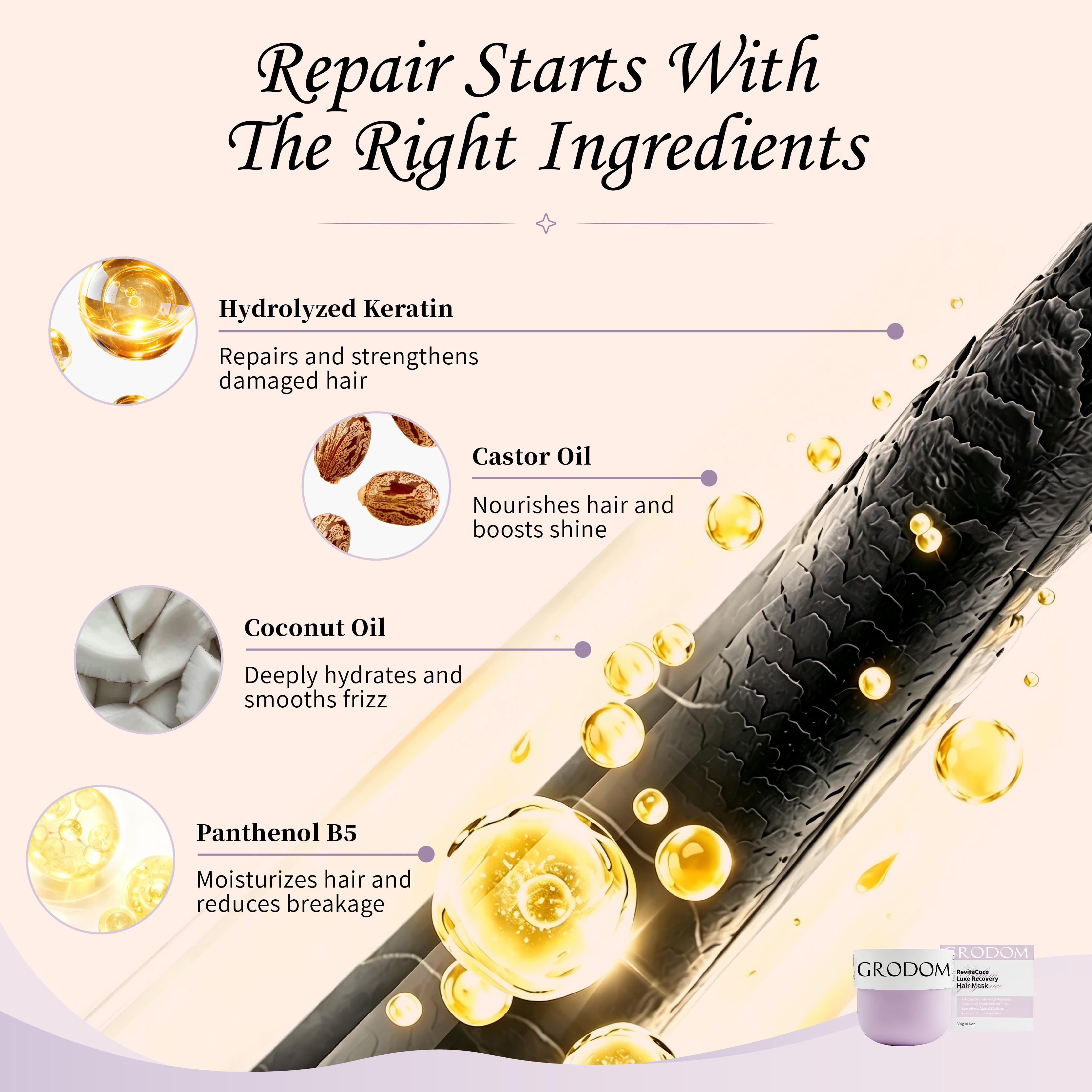 GRODOM Keratin Repair Hair Mask,Deep Conditioning Hair Treatment for Damaged Hair,Nourishing Moisturizing,Anti-Frizz Hydrating Hair Mask for Dry Curly 3A to 4C Hair,Color-Treated Hair Care,Cuticle repair,Long-lasting Fragrance,Pair with shampoo,300ml