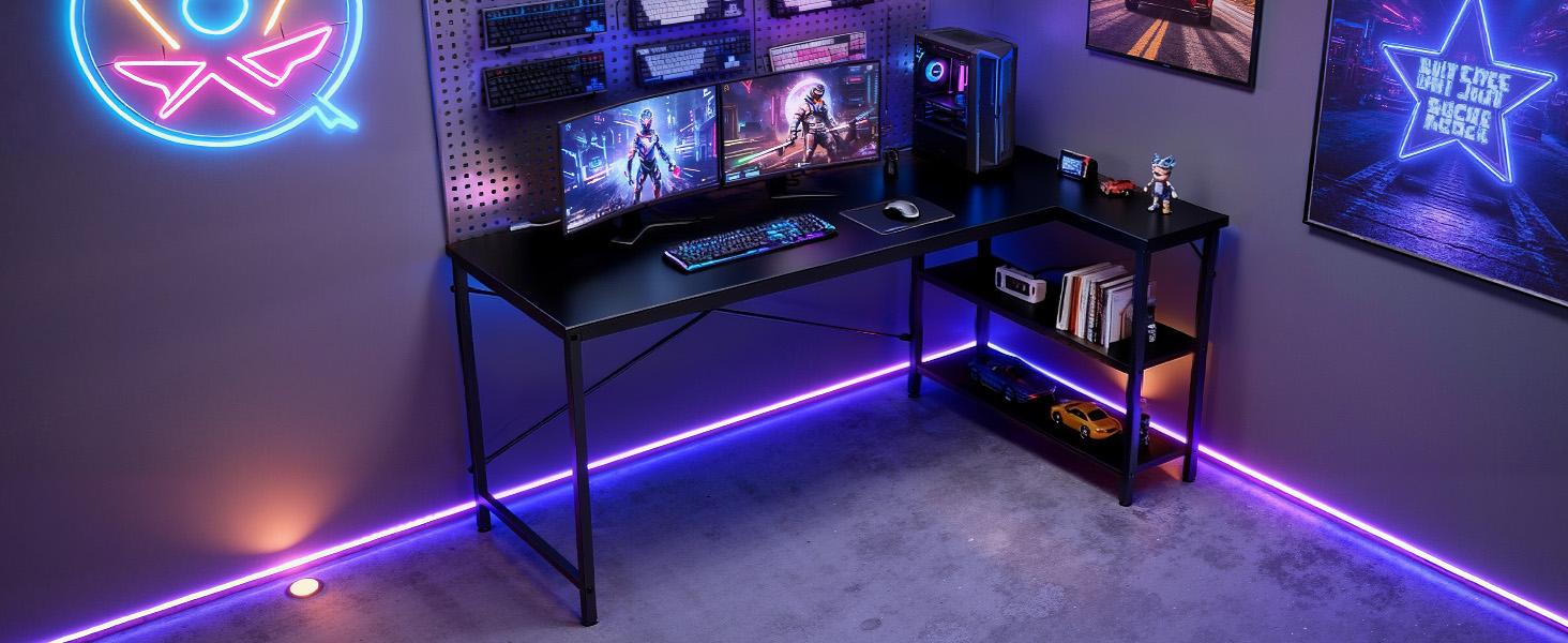 Sweetcrispy L Shaped Desk Computer Gaming Furniture with Reversible Storage Shelves for Home Office PC Table Large Workspace Robust Stability Adjustable Feet