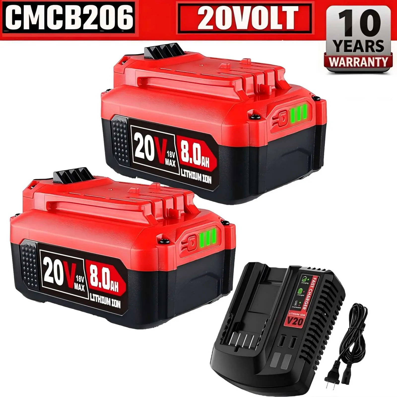 Craftsman V20 Series 20V 8.0Ah High-Capacity Lithium-Ion Replacement Batteries & Charger Set, 2/1 Dual Pack, Compatible with CMCB202, CMCB204, CMCB206