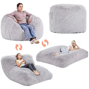 【FathersDayGift】VEVOR Bean Bag Bed Chair,  , Convertible Chair from BeanBag to Lounge or Mattress, Gaint Bean Bag Chair Bed with Washable Cover for Adults, Fluffy Plush, Foam Filling and Side Pocket, Grey(Full Size)