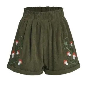 2025 Corduroy Mushroom Embroidered Elastic Waist Casual Shorts Menswear Tropical
