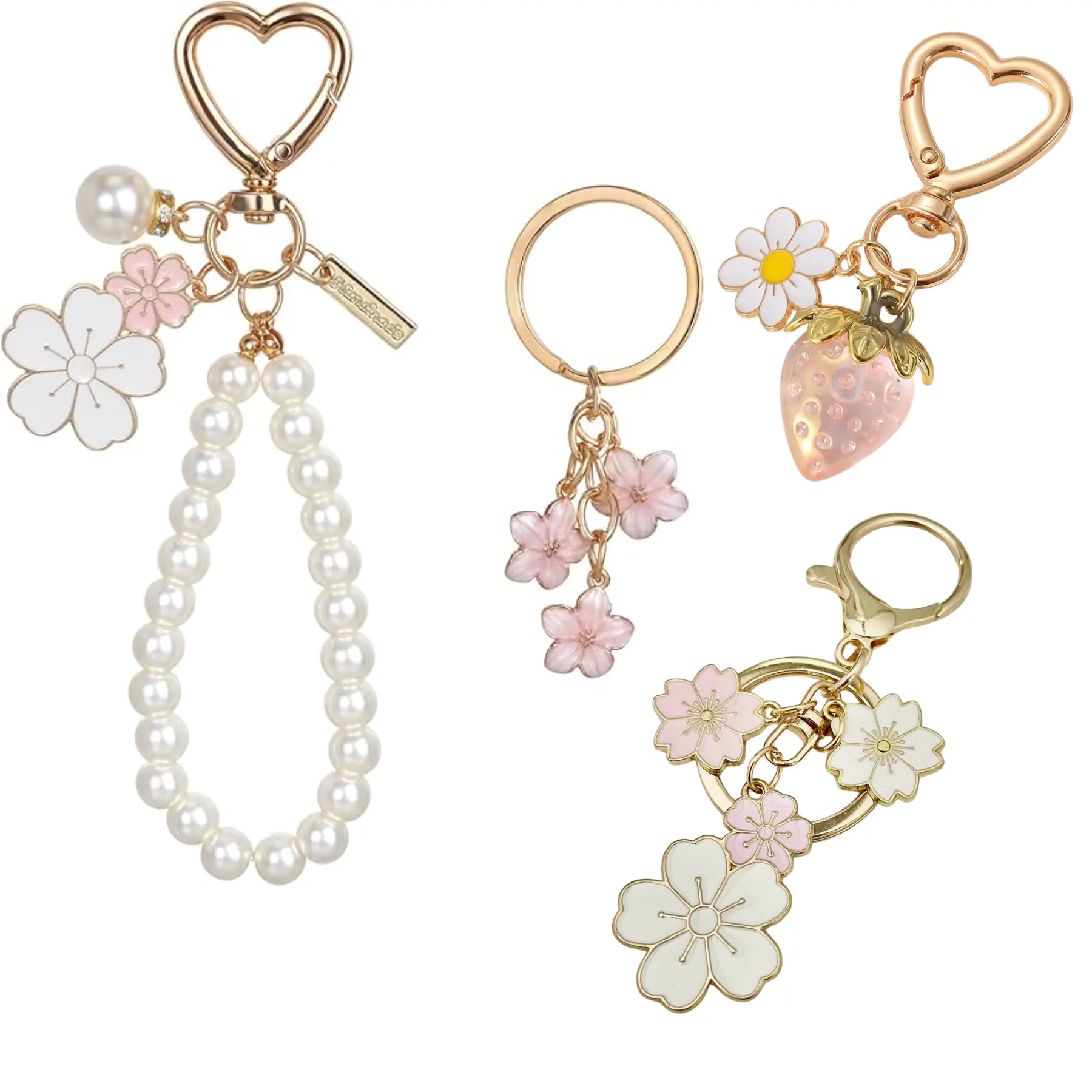 4pcs Cute Sakura Flower Keychain, Pearl Wrist Strap Key Ring, Heart Clasp Cherry Blossom Strawberry Pendant, Aesthetic Bag Charms for Purse Backpack Car Keys