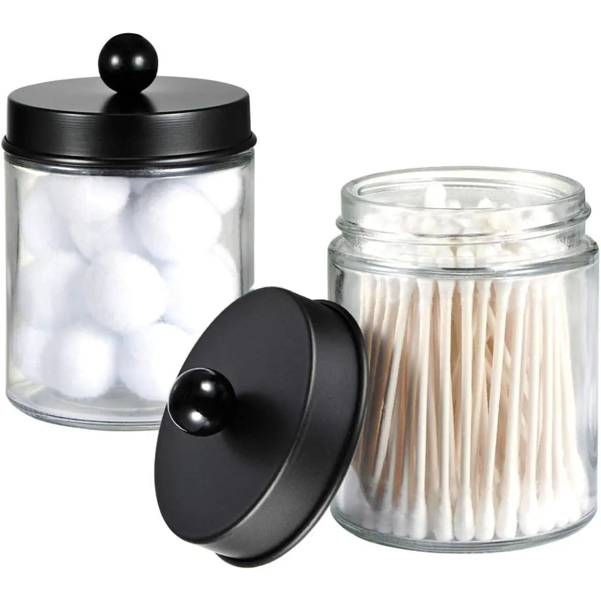 Classic Black Glass Bathroom Storage Jars with Brushed Nickel Lids - 2-Count Vanity Canister Organizer for Cotton Swabs, Bath Salts