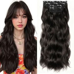 Clip in Long Wavy Synthetic Hair Extension 20 Inch Brown Black 4PCS Thick Hairpieces Fiber Double Weft Hair for Women