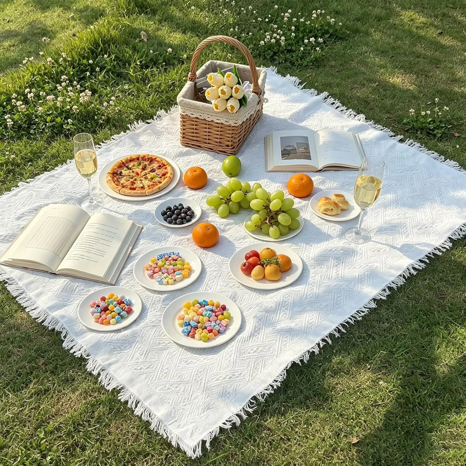 Bohemian Woven Cotton Picnic Blanket with Fringe - Foldable, Lightweight, Machine Washable for Park Picnics, Wedding Decorations & Bohemian Decor, Easy To Clean, Aesthetic Design