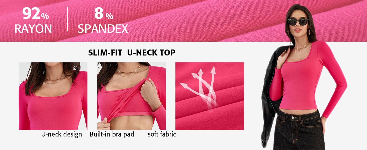 ATTRACO Women's Long Sleeve Square Neck Built-in Bra Top Slim Fit Stretch Fabric Basic T-Shirt Casual Classy Fashion Elegant Casual Classy Fashion Christmas Womenswear
