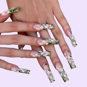 Aura Nails - Enchanted Floral Press On Nails  Luxury 3D White Floral Nail Art  Green & Gold Coffin Nails  Elegant Wedding Nails