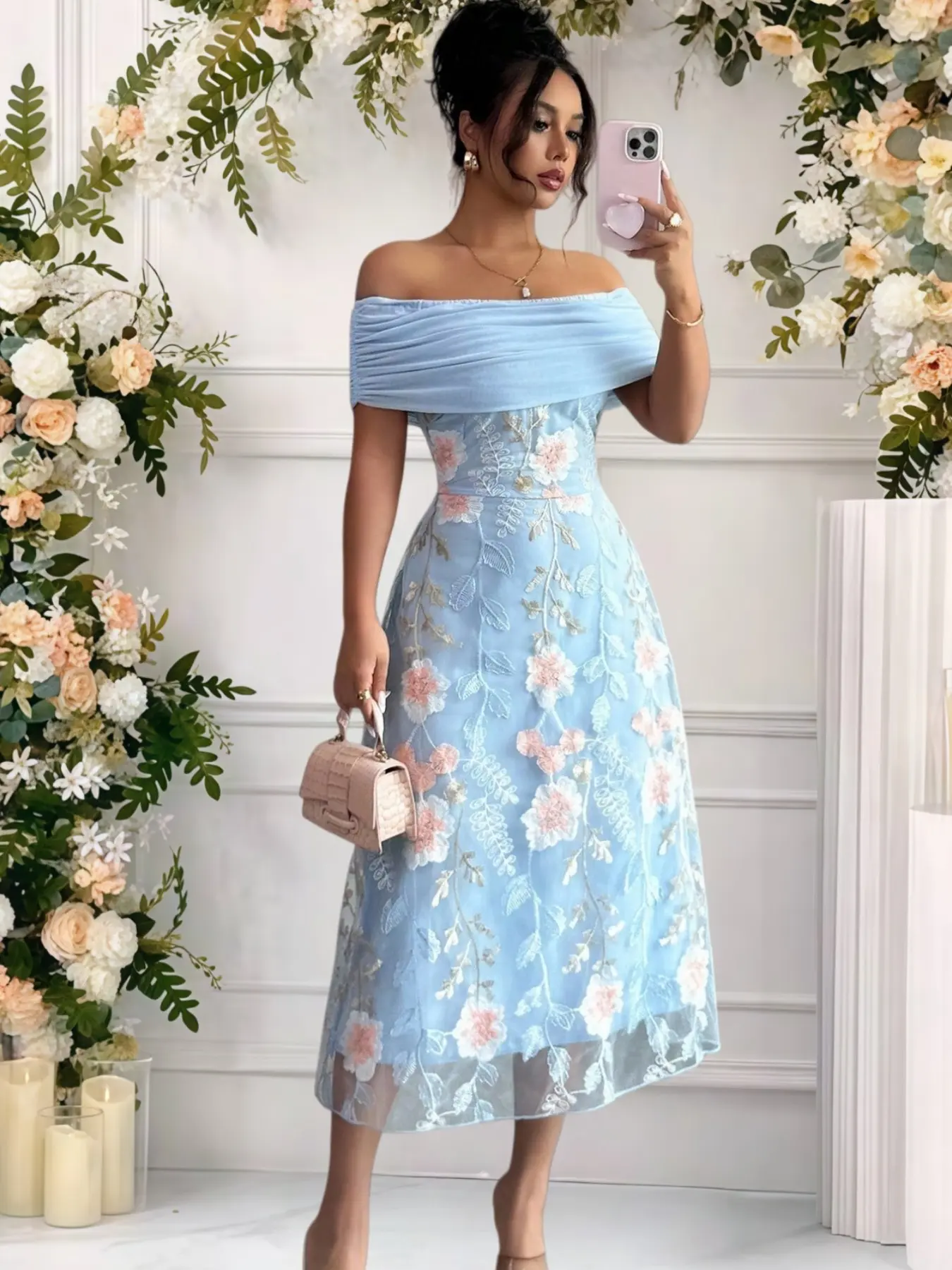 Elegant Chic Floral Embroidered One-Shoulder Dress, Pure Color Party Wear, Formal Wear, Women's Fashionable Evening Gown, Embellished Gown, Evening Party Dresses, Perfect for Special Occasions