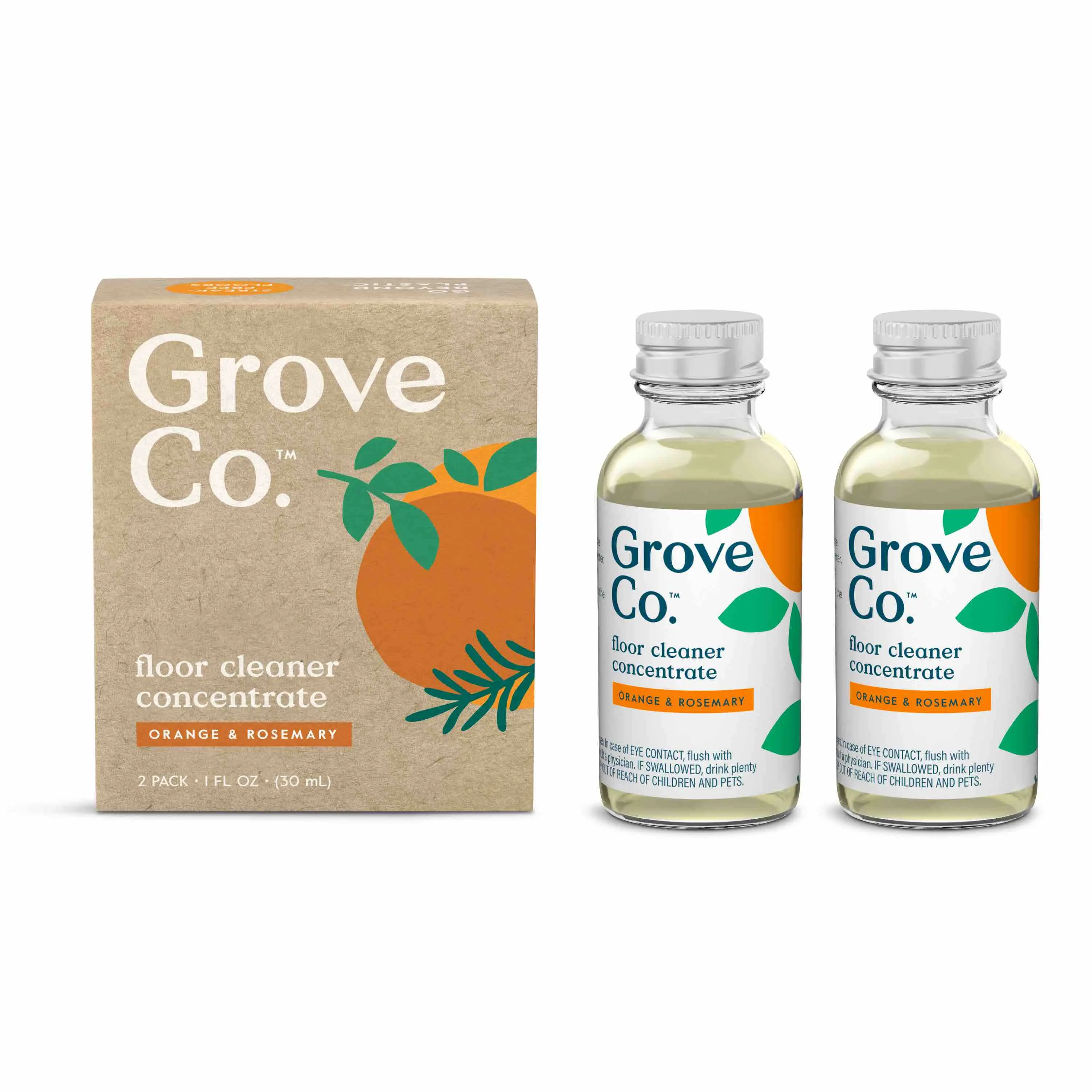 Grove Co. Multi-Purpose Household Floor Cleaner Concentrate, 2-Pack (1 oz per Bottle) - Fragrance-Free, Dye-Free, 96% Bio-Based Formula, Safe for Tile Granite Wood Laminate Marble, Eco-Friendly, Recyclable Glass