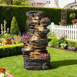 32.7’’H 6-Tier Rock Water Fountain Outdoor Cascading Waterfall Fountain with 3 Plant Nooks and LED Lights, Outdoor Water Fountain for Garden, Patio, Porch & Yard Decor Flowers Tumbled Stones Outdoor Garden Fountain