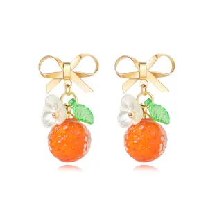 Women’s Vibrant Orange Hypoallergenic Dangle Earrings, Handmade Fruity Bowtie Design with Imported Czech Glass Beads, Lightweight Bowknot Dangling Studs, Trendy Handcrafted Fruit Bow Fashion Jewelry for Daily Wear
