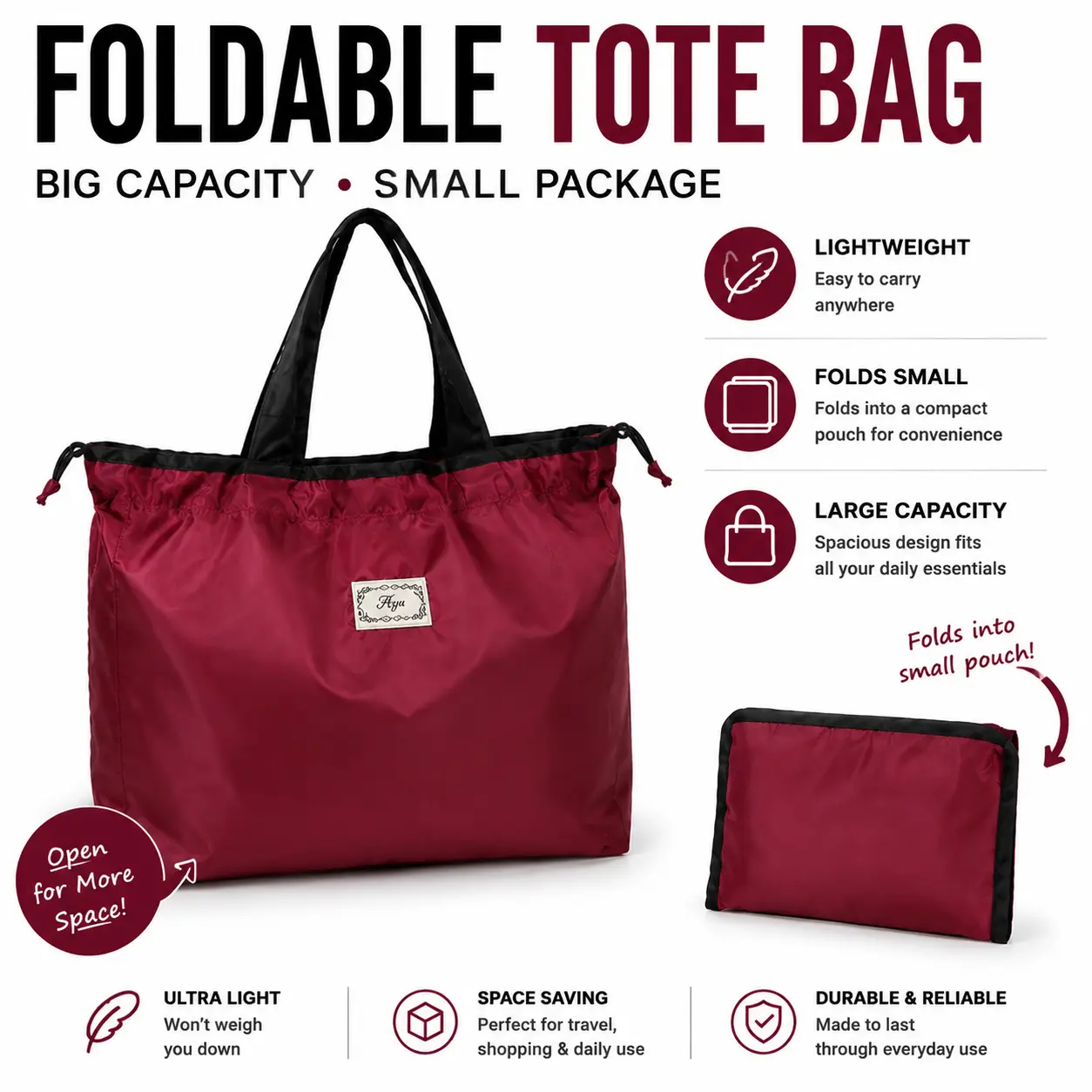 Colorful Foldable Tote Bag, Lightweight Large Capacity Travel Bag, Packable Reusable Shopping Tote with Inner Pocket