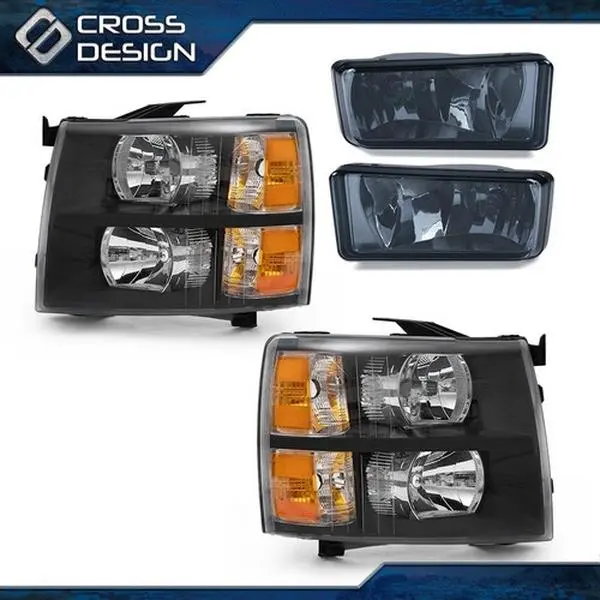 CROSSDESIGN Smoke Lens Full Headlight Set & Fog Lights Complete Kit - 1 Pair Car Accessories for Chevy Trucks, Bolt-On Install, Compatible with 2007-2013 Chevy Silverado 1500, 2007-2014 Silverado 2500, 3500 & HD Models