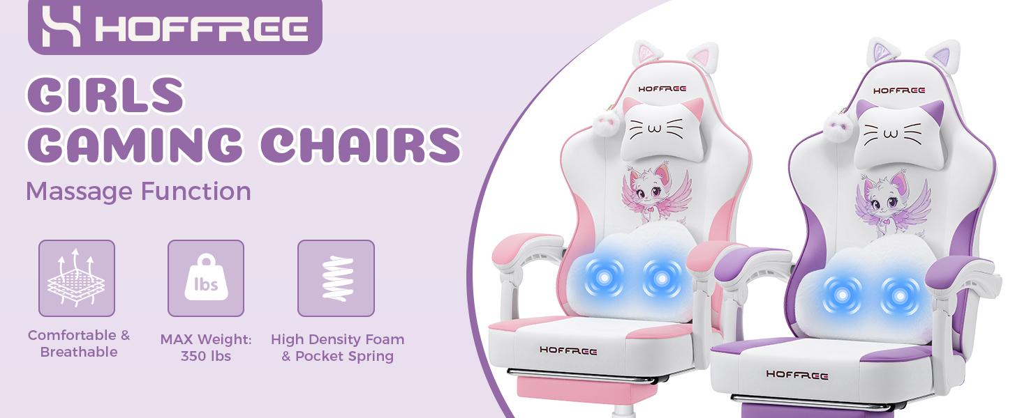 HOFFREE Gaming Chair for Girls with Cat Ears & Massage Support Cute Recliner with Footrest & Adjustable Comfort Purple & White