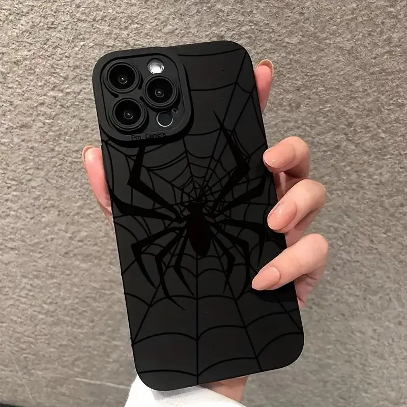 Black Spider Crawling Web Metal-Silicon Protective Casing - Multi-Model Various iPhone Accessory (17,16,15,14,13,12,11,XS,XR,X,8,7,Mini,Plus,Pro,Max,SE Series) - Protector Cover, Friend Gift, Protection, Iphone12mini