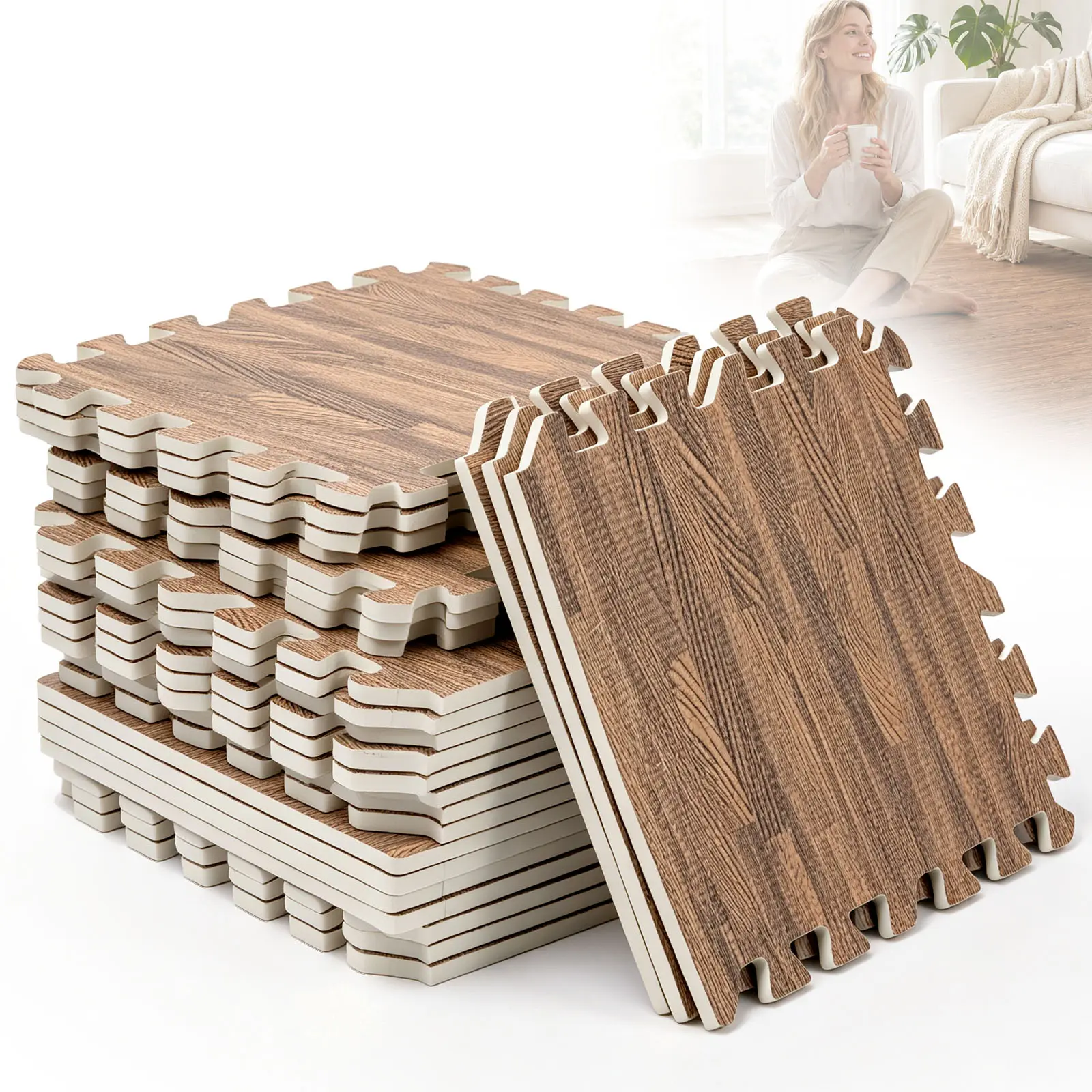 24 Pack Wood Grain EVA Interlocking Foam Mat Floor Tiles, 11.8"x11.8"x0.4" Protective Gym Flooring Mats, Non-Slip Puzzle Exercise Mat for Home Playroom Basement, Apartment, Trade Show, Baby, Dance