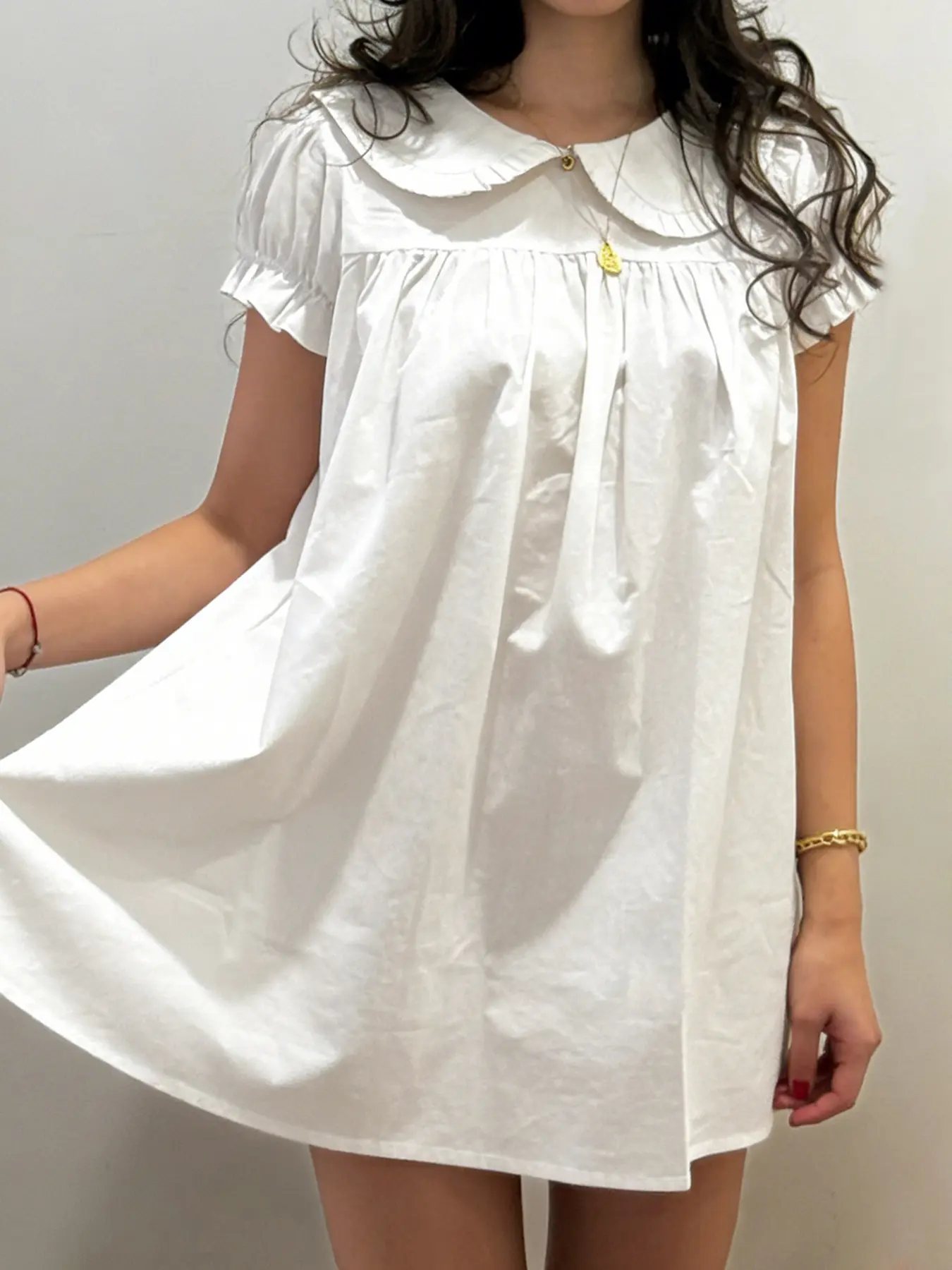 Sweet Cute Woven White Dress with Pleated Peter Pan Collar, Puff Sleeves, Loose Fit A-Line Solid Summer Casual Beach Sundress A Line Dresses for Women Womenswear