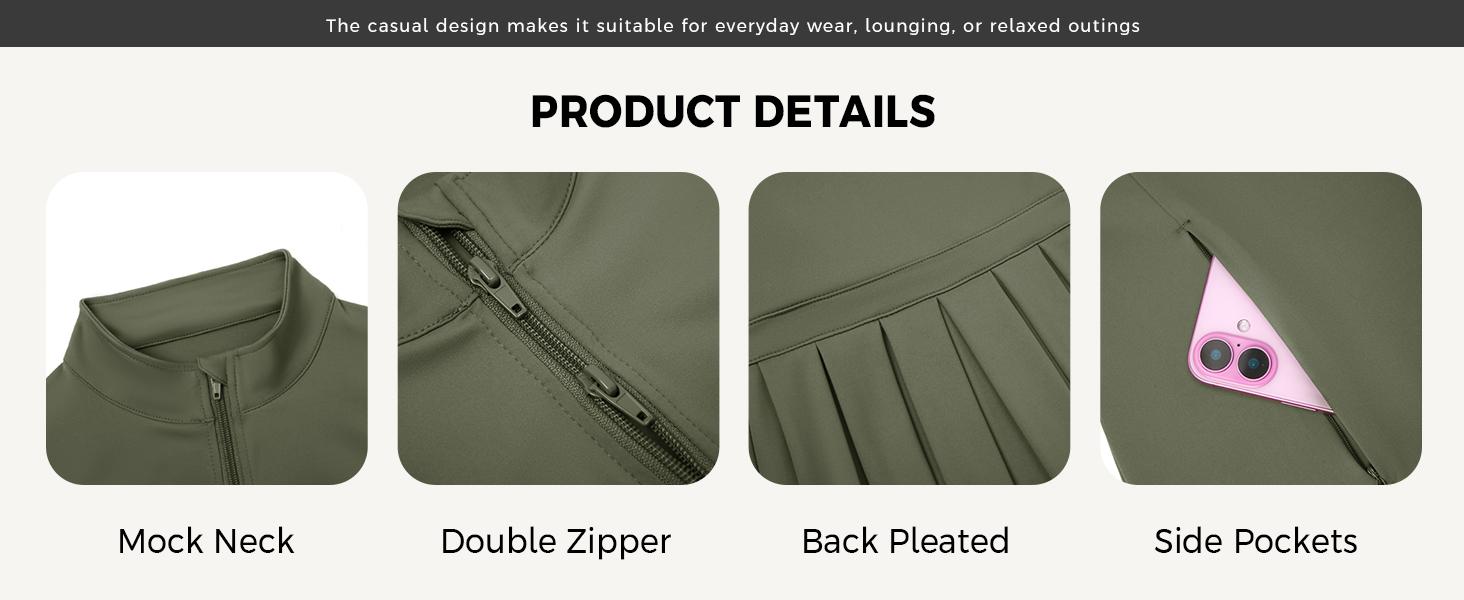 Fisoew Sports  2026 Summer Spring Women's Zippered Sports Jacket, Pleated Lightweight Slim Fit  Stand Collar with Thumbhole Pockets, SpringStatements