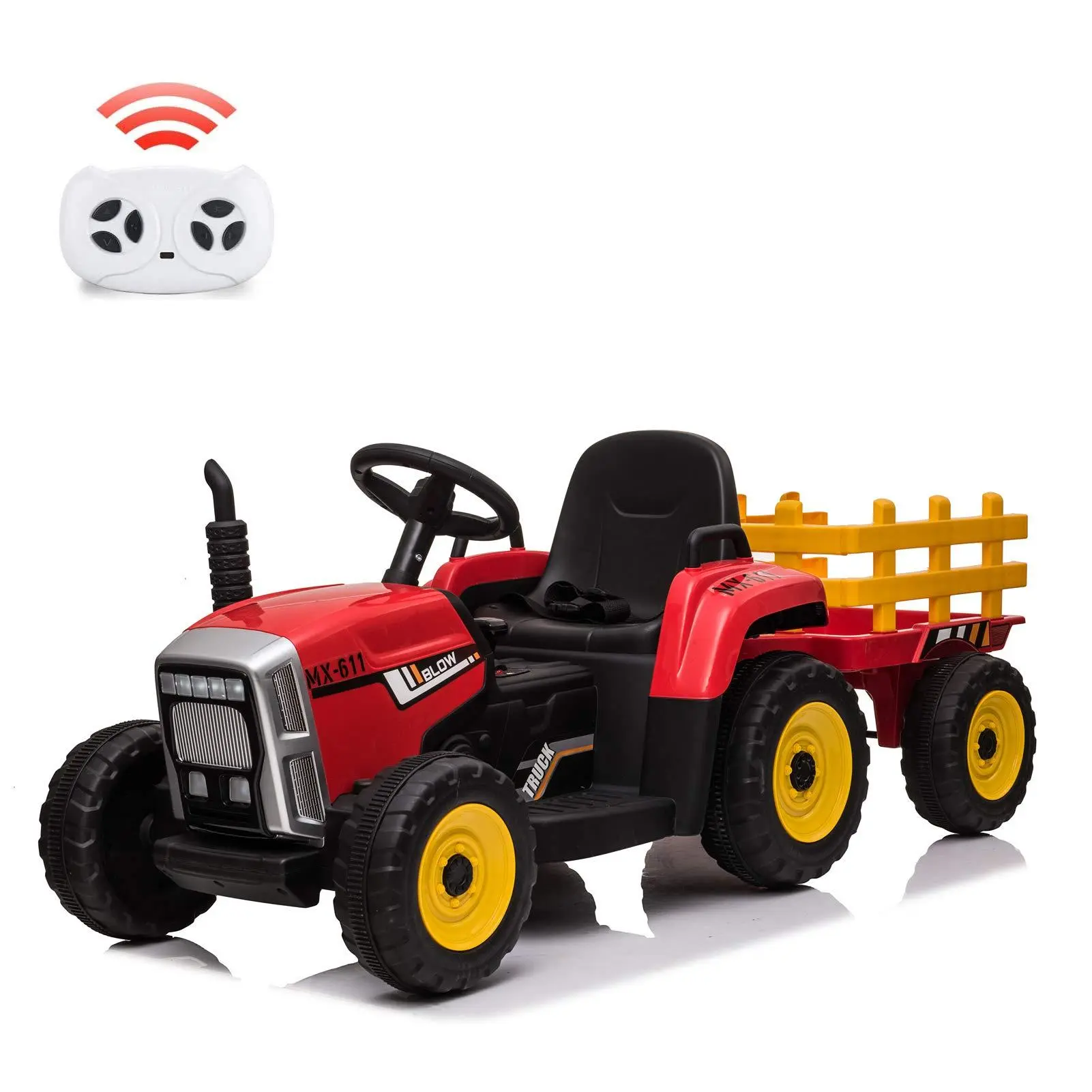 12V Kids Ride-On Tractor with Detachable Trailer, Remote, Rechargeable Battery, 25W Dual Motors, 2+1 Gear Shift, 7 LED Headlights, MP3 Audio - Easy Assembly Garden Backyard Toddler Ride-On Toy for Ages 3+ (Red)