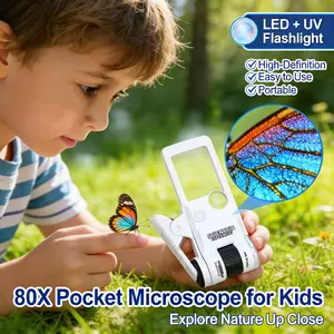 Children's 80X Microscope with LED & UV Lamps Compact STEM Toy for Kids High-Definition Zoom Ideal for Insects Rocks Snowflakes Leaves STEM Exploration