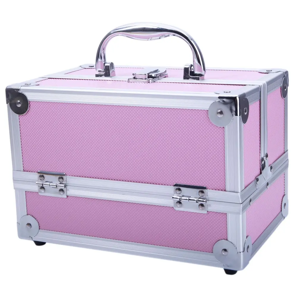 Pink Aluminum Makeup Train Case, Sturdy Metallic Cosmetic Box for Vanity Organization & Travel, Lockable Organizer with Accordion Trays & Mirror for Women, 9x6x6 In, Portable Vanity, Makeup Bag