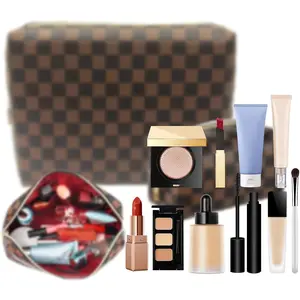 Stylish Checker Pattern Makeup Bag Set (2 Pcs), Portable Leather Makeup Pouch, Women’s Travel Toiletry & Lipstick Organizer, Ideal for Christmas, Birthdays
