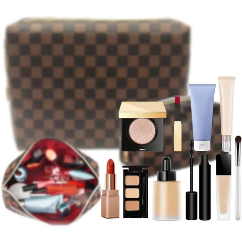 Women’s Soft PU Leather 2-Pcs Classic Checkered Makeup Bag Set - Zip Makeup Pouch, Lipstick Organizer, Bathroom Countertop Storage, Travel Christmas Gift for Home Organization