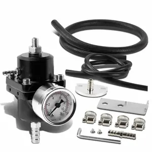 Aluminum Universal Adjustable Fuel Pressure Regulator + Gauge+ Fitting Kit Black