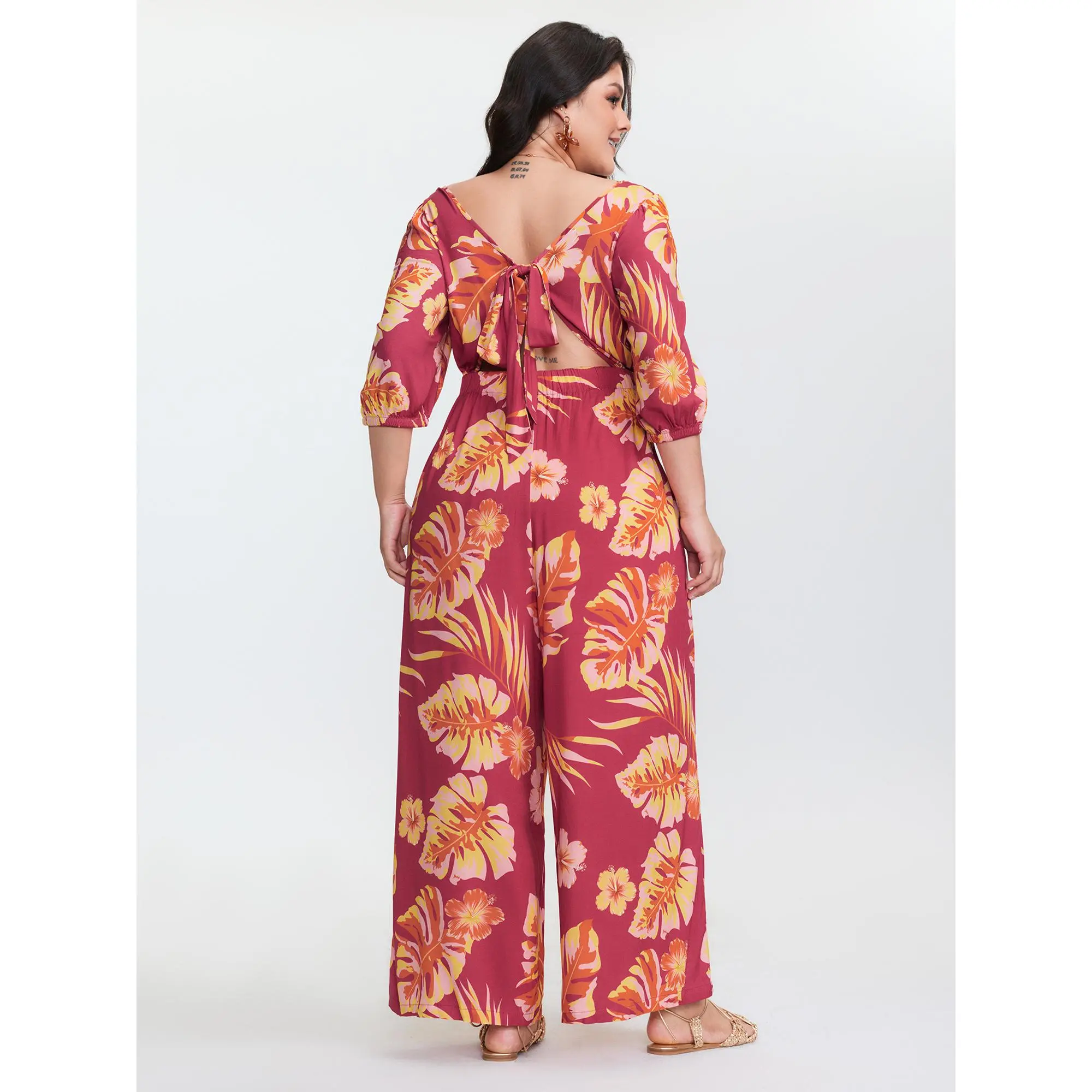 Women's Plus-Size Boho Jumpsuit Overalls, Sleeveless Square Neck Maxi with Tropical Floral Print, Rayon Fabric, Seam Pockets, Smooth Finish, Low-Iron, Cold Wash, Do Not Tumble Dry, Available in 14-16/1X, 18-20/2X