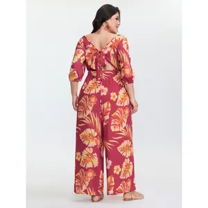 【Summer Turn-Up】BlOOMCHIC Plus Size Tropical Floral Print Square Neckline Jumpsuit [M-6X] 2026 Summer Pick for Mother's Day