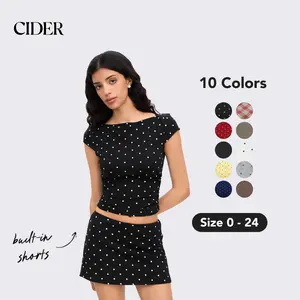 Cider Cotton-Blend Polka Dot Boat Neck Tee & Mini Skort Set, Stretchy Cotton Blend, Ruching Detail, Summer Casual Outfit for Beach & Street Style