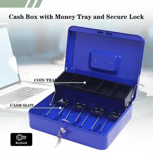 Locking Cash Box with Lock,Money Box with Cash Tray,Lock Safe Box with Key,Money Saving Organizer,11.81Lx 9.45Wx 3.54H Inches,Blue XL Large