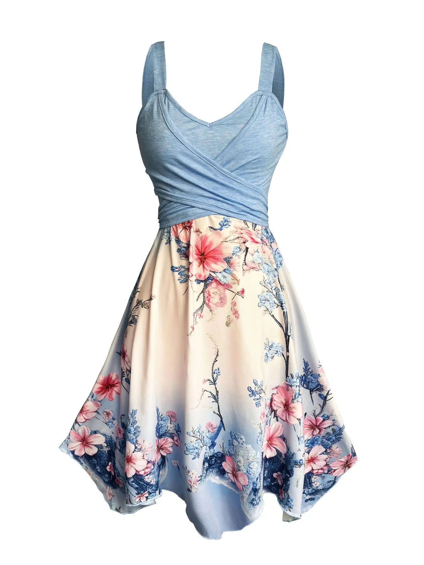 Women's Floral Print Dress, Fashion Casual Sleeveless Cross Wrap Dress for Beach, Beachy Style Dress, Ladies Summer Clothes, Casual Beach Sundress, Floral Design Dress